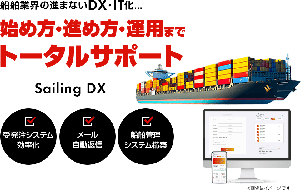 船舶業界の進まないDX・IT化…始め方・進め方・運用までトータルサポート/Sailing DX/受発注システム効率化/メール自動返信/船舶管理システム構築